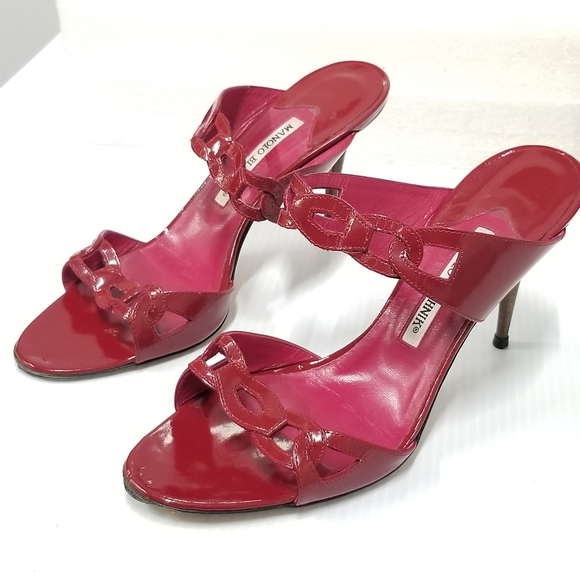 Manolo Blahnik patent Leather Red Stiletto Heels slippers Slides mules sandals - Picture 2 of 15